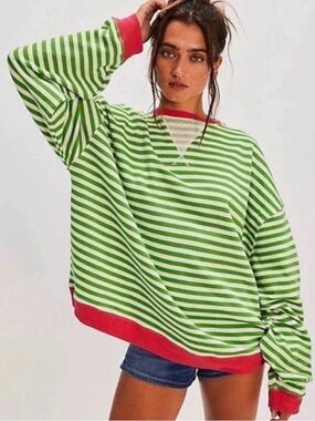 Free People Classic Striped Oversized Crewneck NWT. Pink clover combo